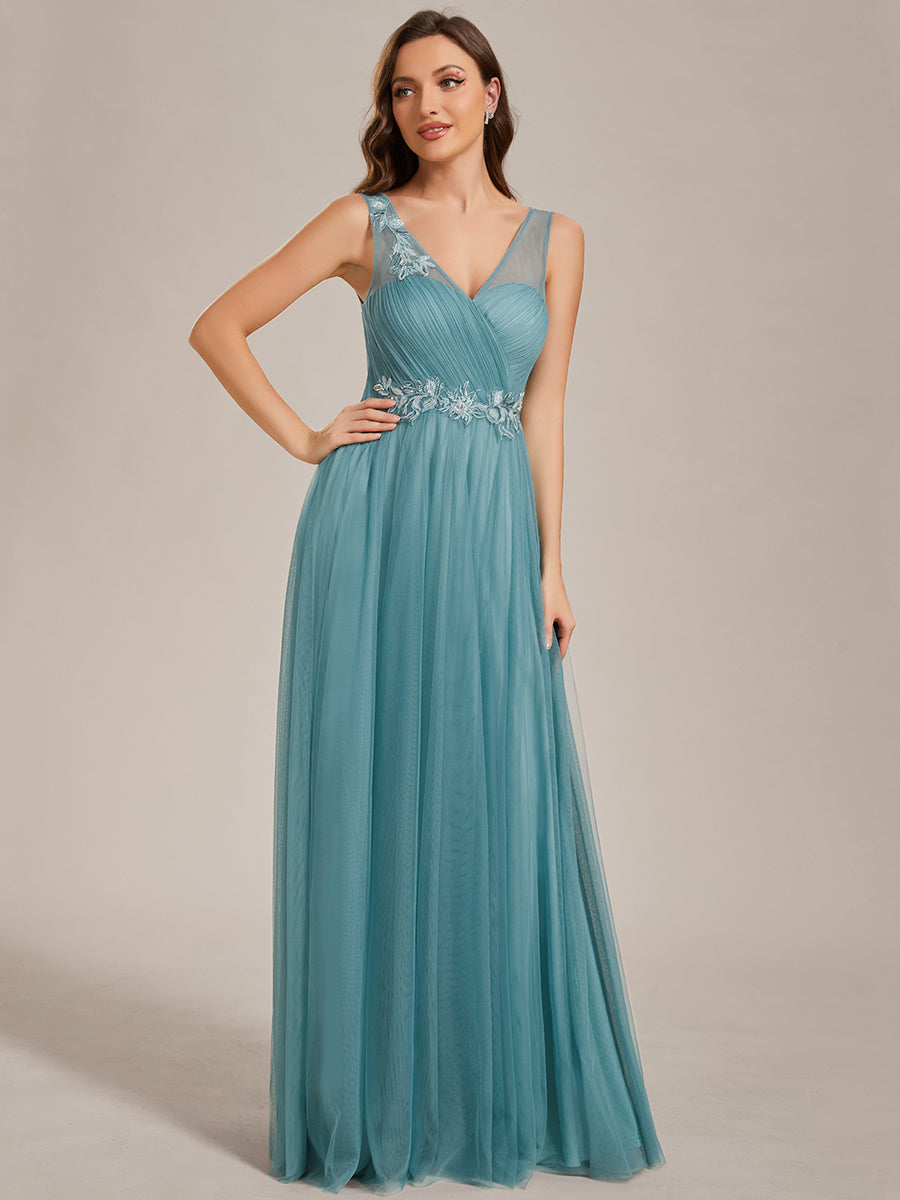 Robe de demoiselle d'honneur longue élégante à col en V et appliques#Couleur_Bleu Fume