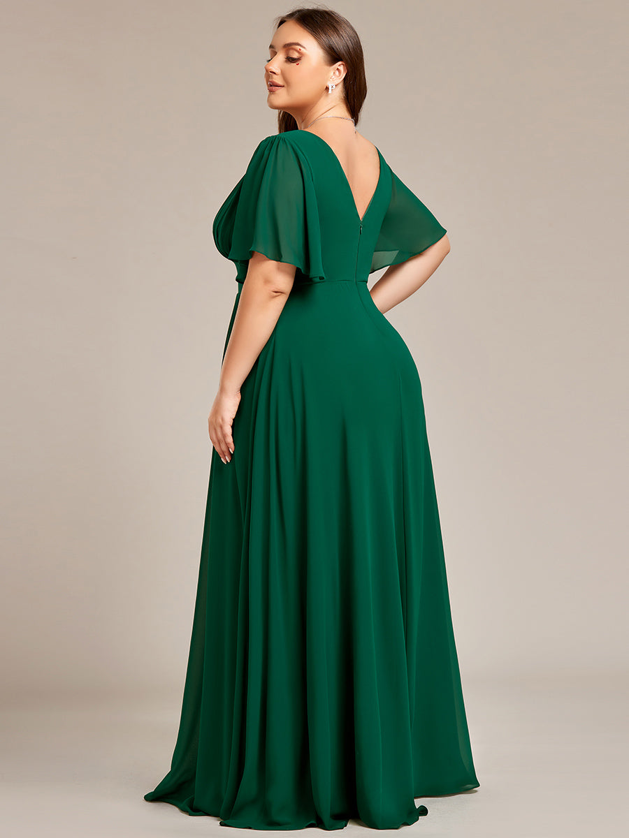 Robe de demoiselle d'honneur longue en mousseline de soie simple manches courtes taille empire ligne a grande taille #Couleur_Vert Fonce