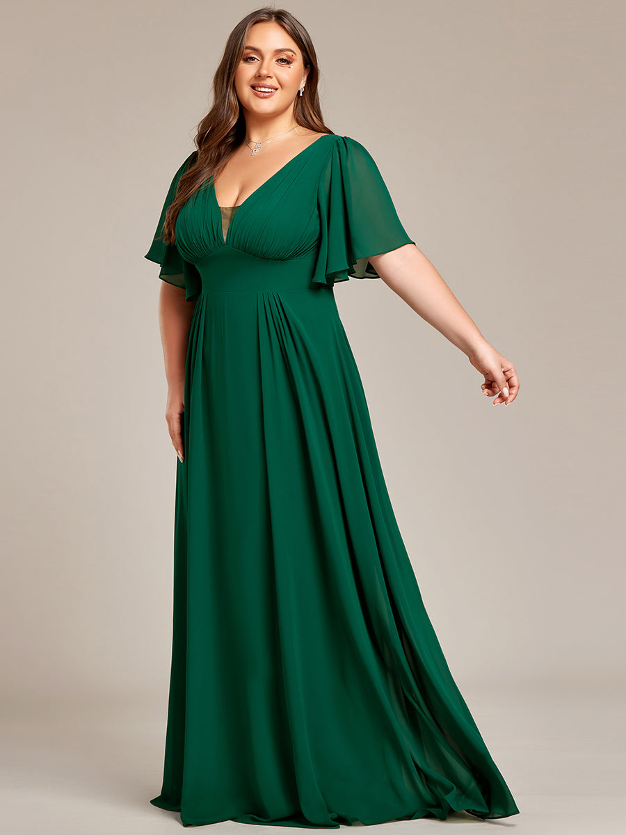 Robe de demoiselle d'honneur longue en mousseline de soie simple manches courtes taille empire ligne a grande taille #Couleur_Vert Fonce