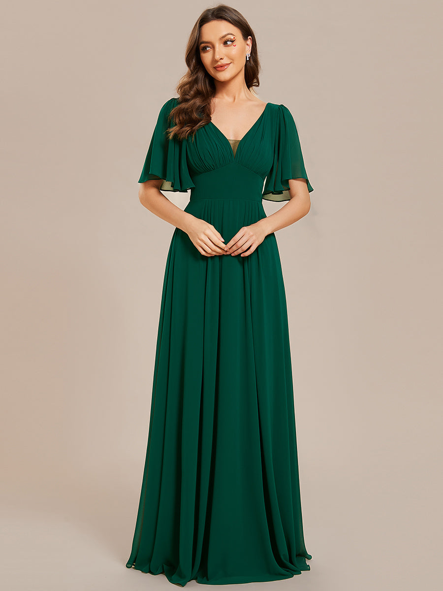 Robe de demoiselle d'honneur longue en mousseline de soie simple manches courtes taille empire ligne a #Couleur_Vert Fonce