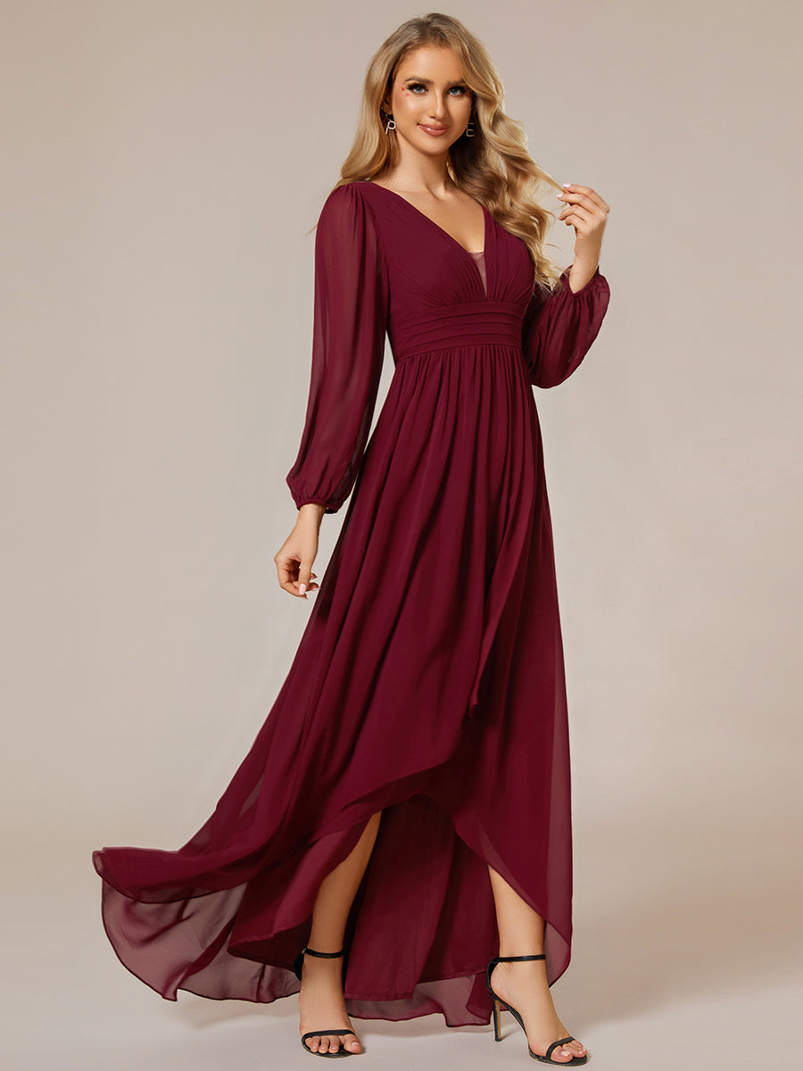 Charmante Robe De Demoiselle D'honneur Plissée À Manches Lanternes En Mousseline De Soie Et Taille Haute #Couleur_Bordeaux