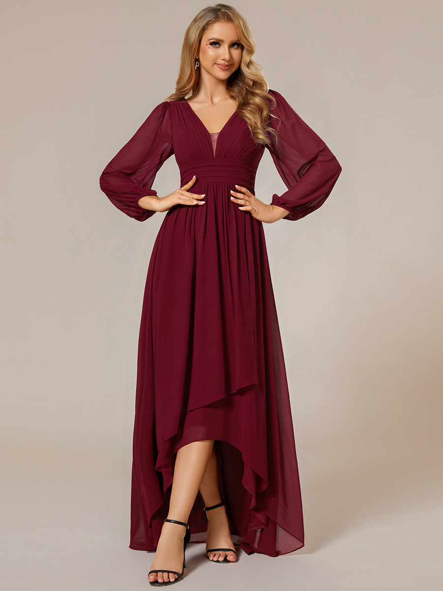 Charmante Robe De Demoiselle D'honneur Plissée À Manches Lanternes En Mousseline De Soie Et Taille Haute #Couleur_Bordeaux