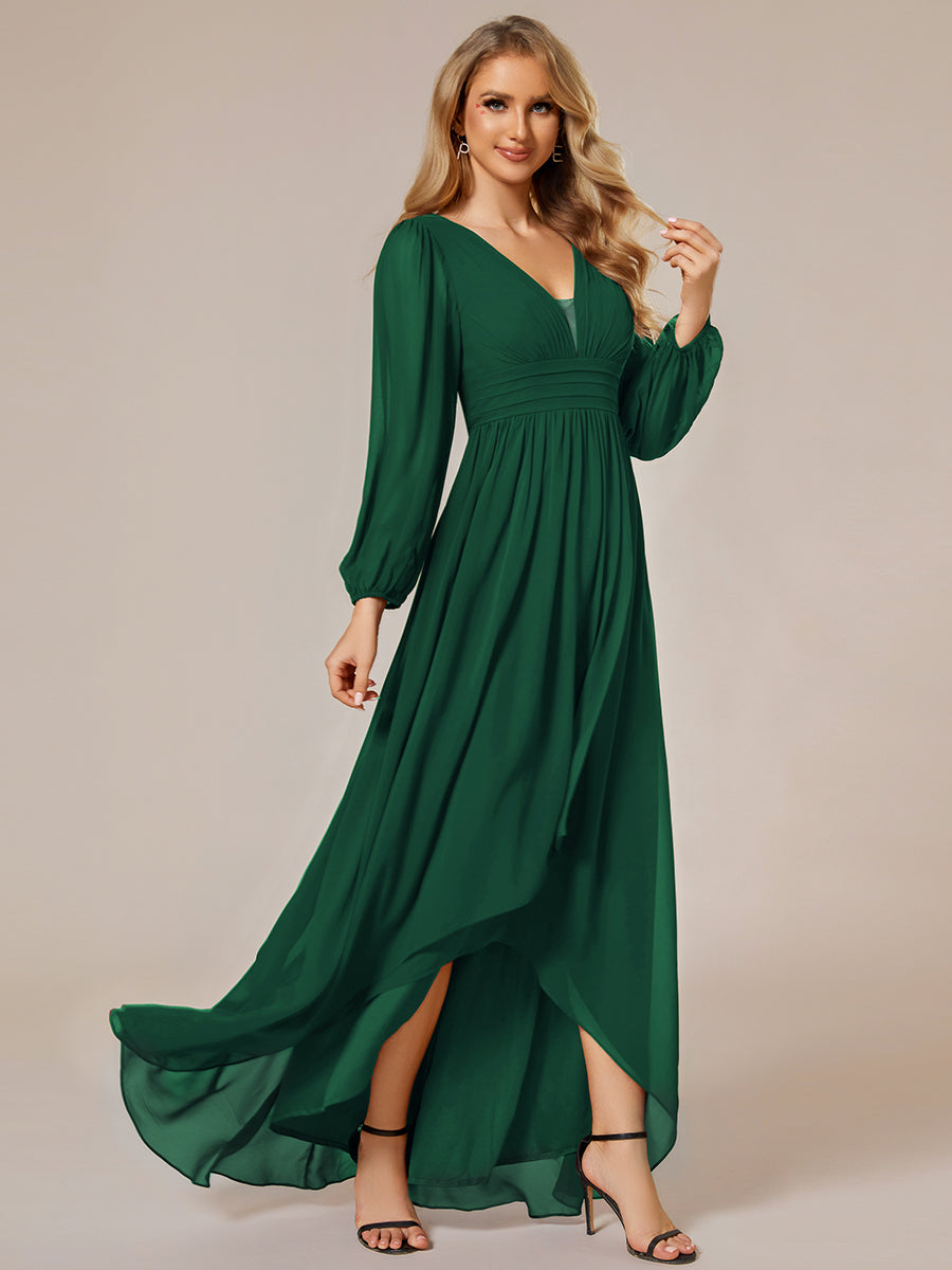 Charmante Robe De Demoiselle D'honneur Plissée À Manches Lanternes En Mousseline De Soie Et Taille Haute #Couleur_Vert Fonce