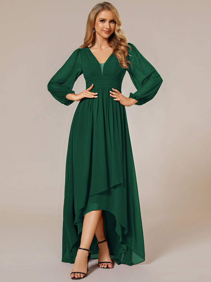 Charmante Robe De Demoiselle D'honneur Plissée À Manches Lanternes En Mousseline De Soie Et Taille Haute #Couleur_Vert Fonce