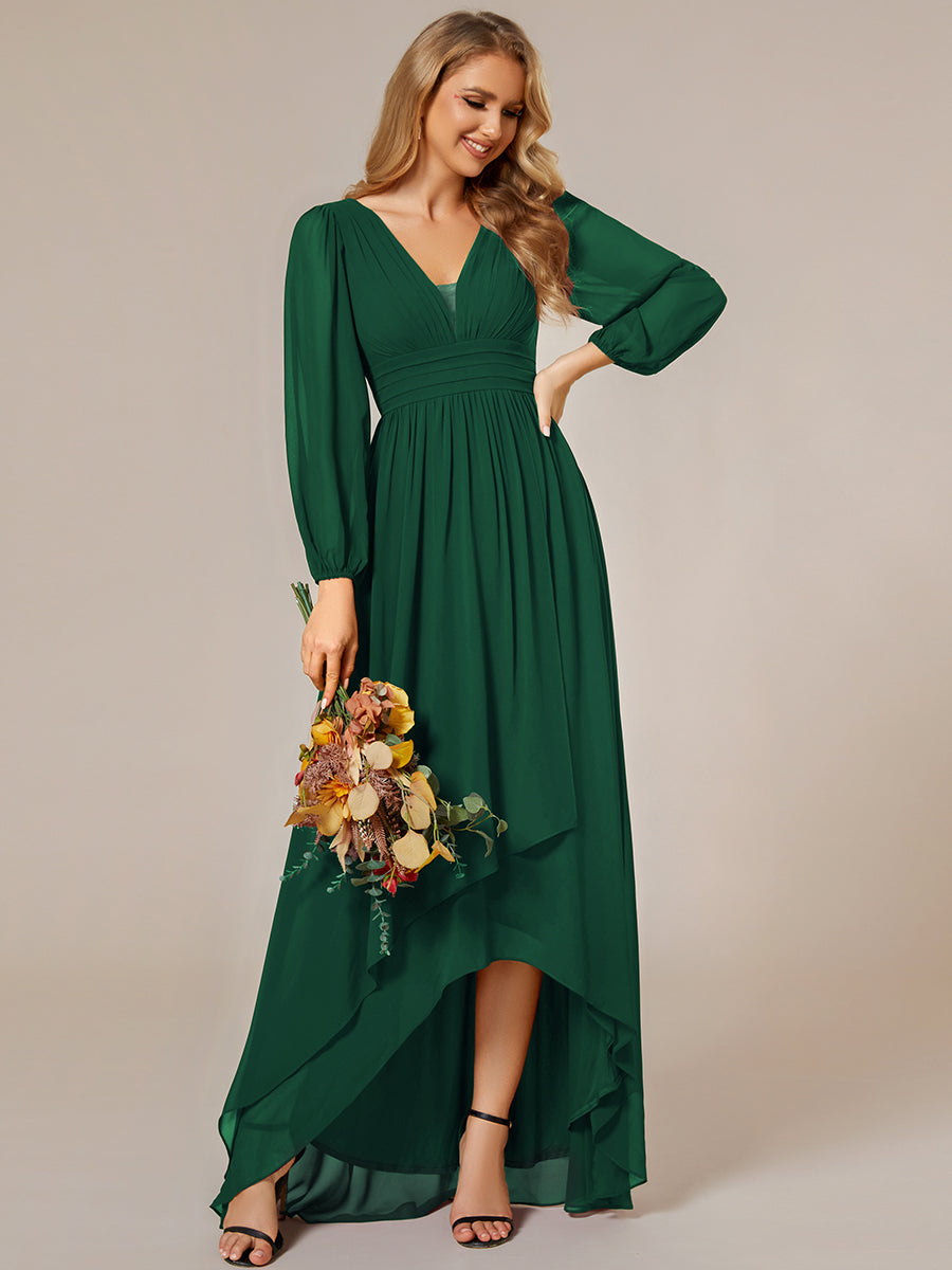 Charmante Robe De Demoiselle D'honneur Plissée À Manches Lanternes En Mousseline De Soie Et Taille Haute #Couleur_Vert Fonce