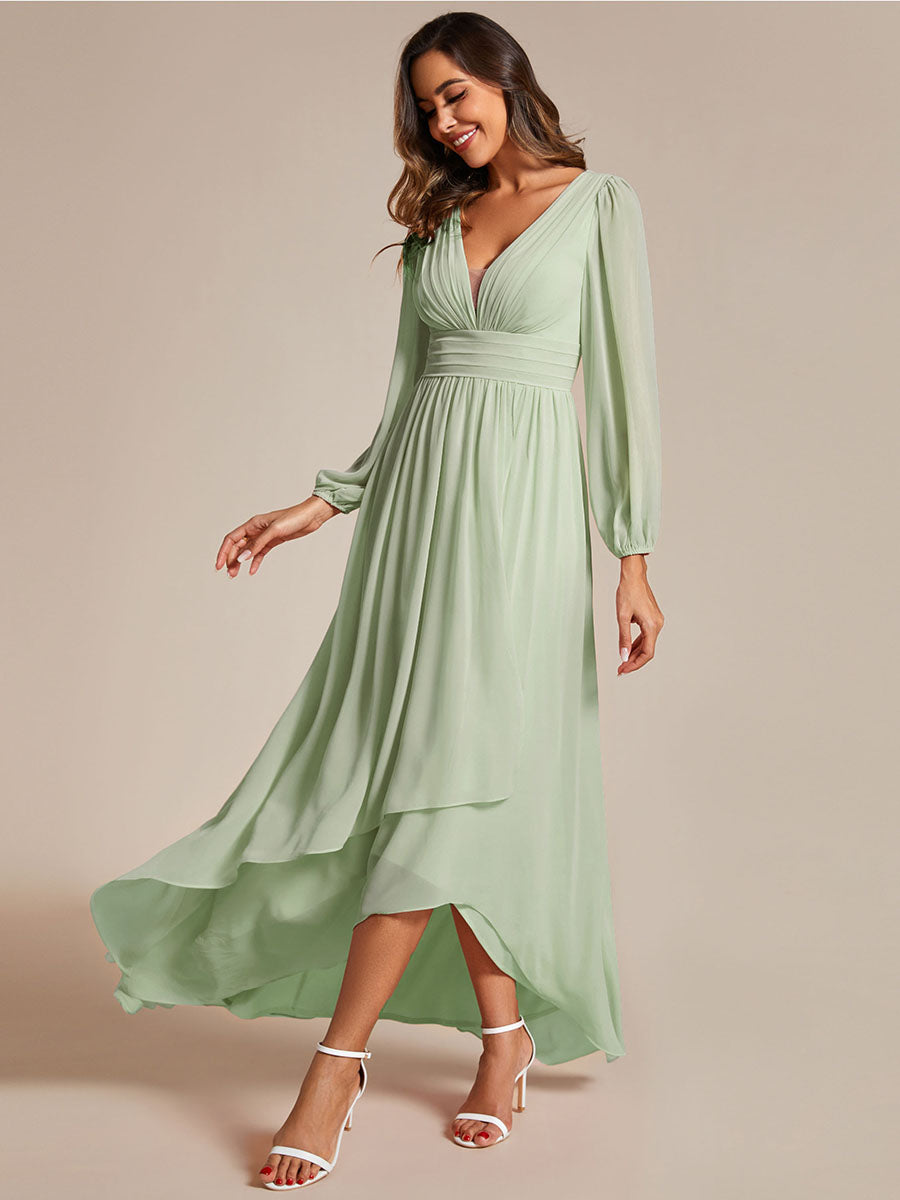 Charmante Robe De Demoiselle D'honneur Plissée À Manches Lanternes En Mousseline De Soie Et Taille Haute #Couleur_Menthe Verte