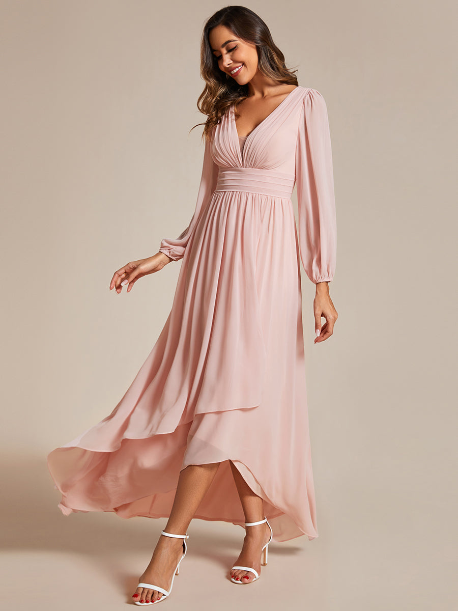 Charmante Robe De Demoiselle D'honneur Plissée À Manches Lanternes En Mousseline De Soie Et Taille Haute #Couleur_Rose