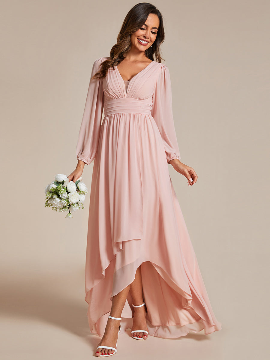 Charmante Robe De Demoiselle D'honneur Plissée À Manches Lanternes En Mousseline De Soie Et Taille Haute #Couleur_Rose