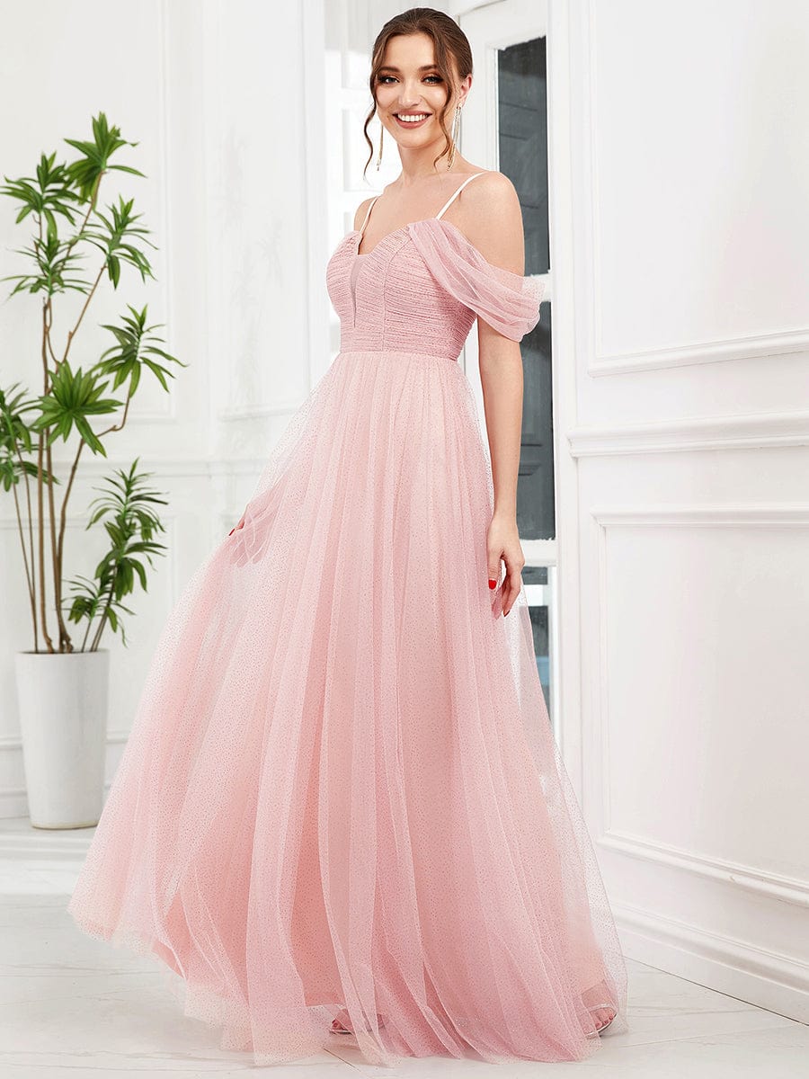 Robe de demoiselle d'honneur en tulle à épaules dénudées et bretelles fines #Couleur_Rose