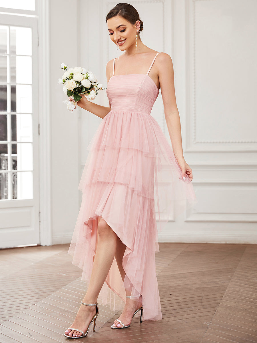 Robe demoiselle d'honneur Volants Tulle Bretelles minces #Couleur_Rose