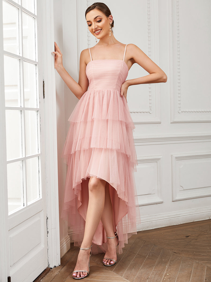 Robe demoiselle d'honneur Volants Tulle Bretelles minces #Couleur_Rose