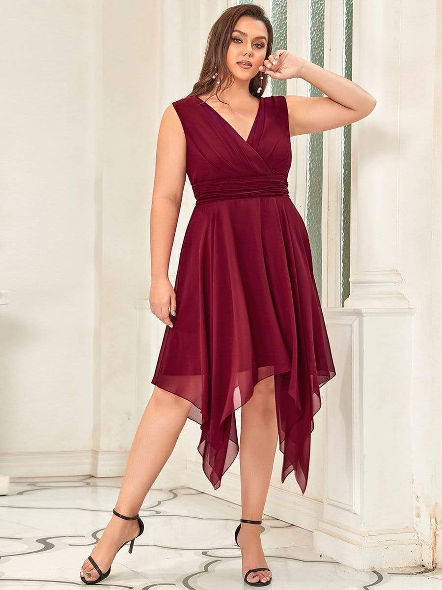 Robe de Demoiselle d'Honneur en Mousseline à Ourlet Asymétrique Longueur Genou de Grande Taille #Couleur_Bordeaux