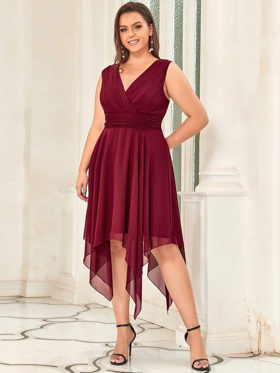 Robe de Demoiselle d'Honneur en Mousseline à Ourlet Asymétrique Longueur Genou de Grande Taille #Couleur_Bordeaux