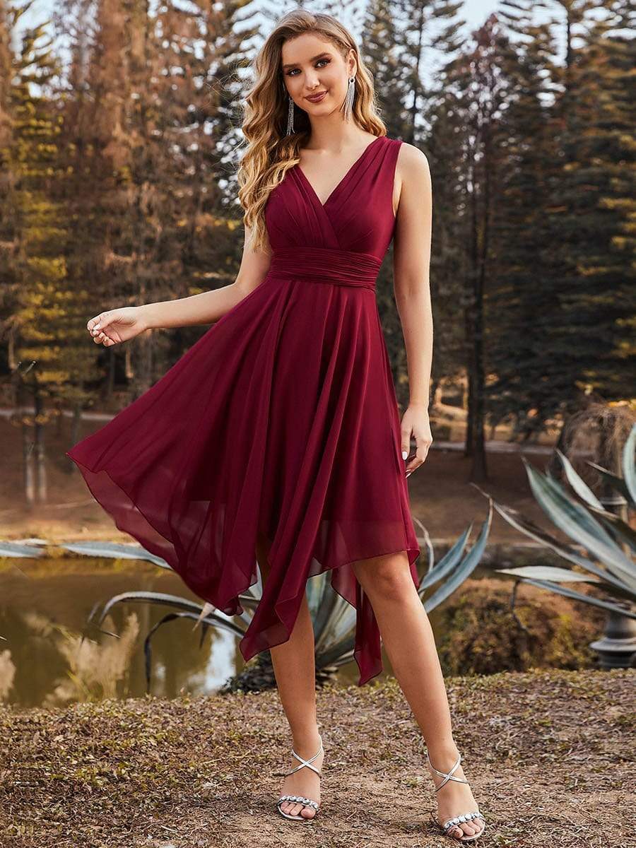 Taille Personnalisée Robe mariage invitée bohème en mousseline de soie col en V profond #Couleur_Bordeaux