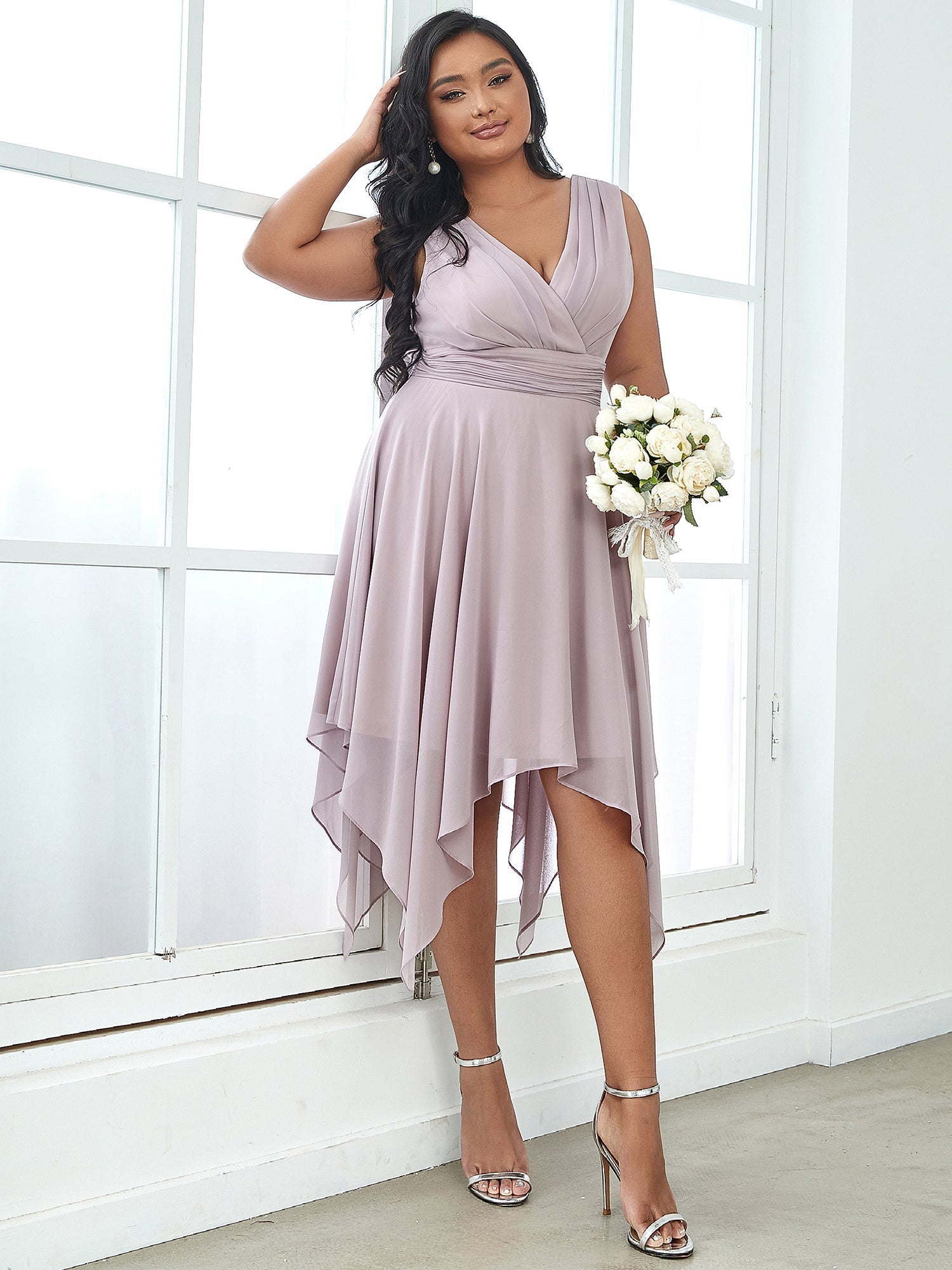 Robe mariage invitée en Mousseline à Ourlet Asymétrique Longueur Genou de Grande Taille #Couleur_Lilas