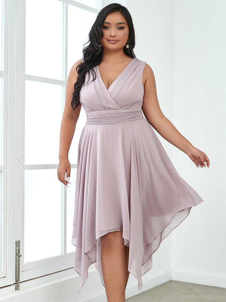 Robe mariage invitée en Mousseline à Ourlet Asymétrique Longueur Genou de Grande Taille #Couleur_Lilas