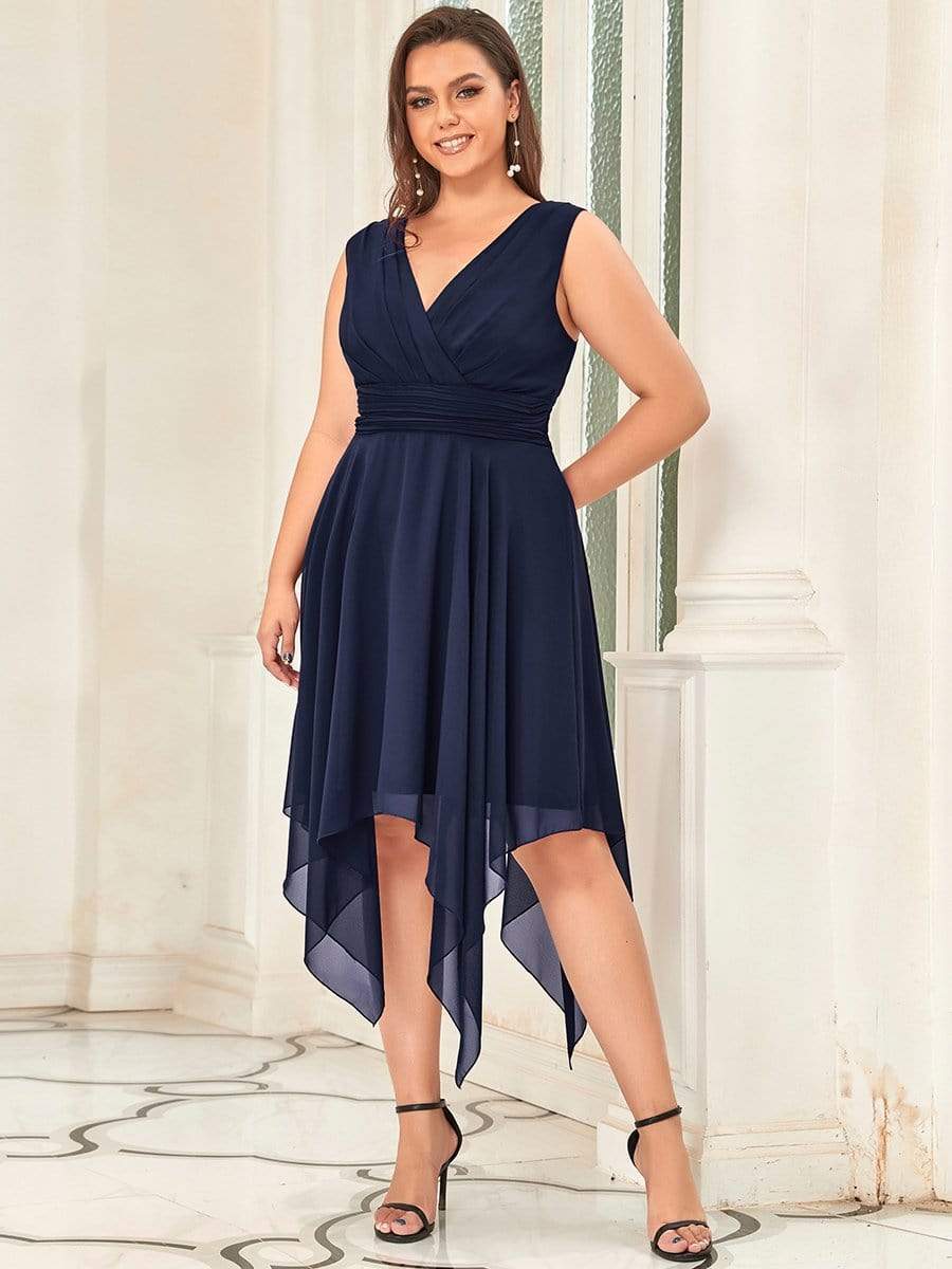 Robe mariage invitée en Mousseline à Ourlet Asymétrique Longueur Genou de Grande Taille #Couleur_Bleu Marine