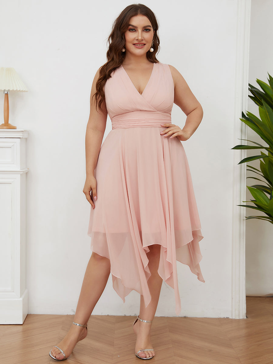 Robe mariage invitée en Mousseline à Ourlet Asymétrique Longueur Genou de Grande Taille #Couleur_Rose