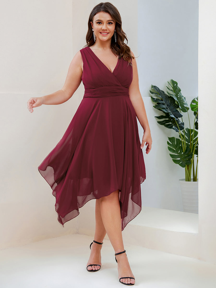 Robe mariage invitée en Mousseline à Ourlet Asymétrique Longueur Genou de Grande Taille #Couleur_Bordeaux