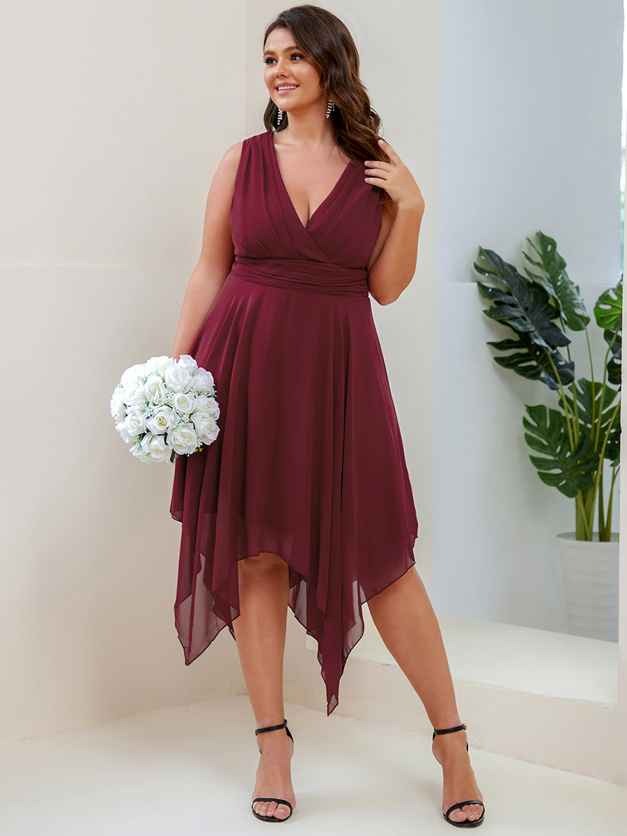 Robe mariage invitée en Mousseline à Ourlet Asymétrique Longueur Genou de Grande Taille #Couleur_Bordeaux