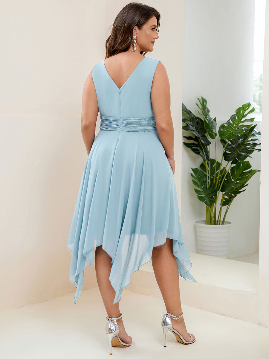 Robe mariage invitée en Mousseline à Ourlet Asymétrique Longueur Genou de Grande Taille #Couleur_Bleu Ciel