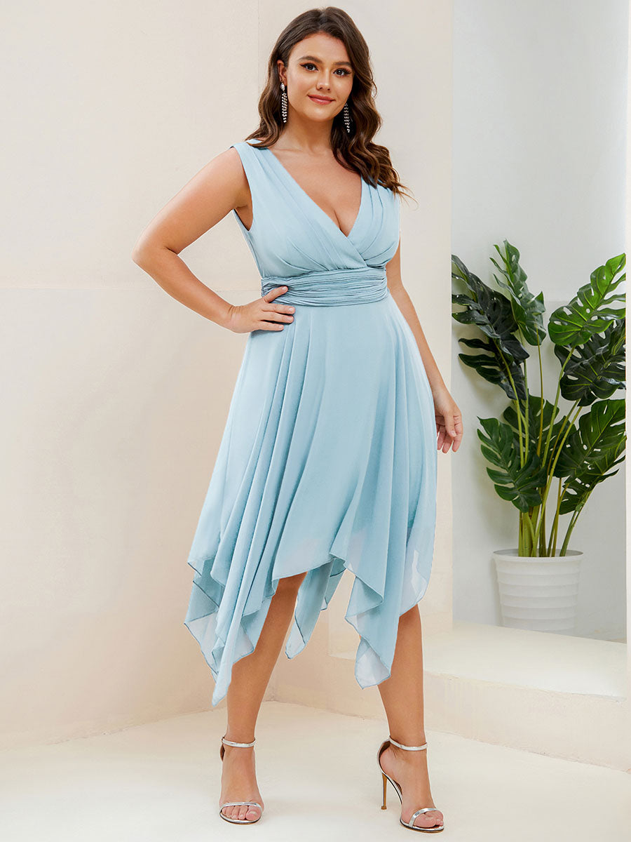 Robe mariage invitée en Mousseline à Ourlet Asymétrique Longueur Genou de Grande Taille #Couleur_Bleu Ciel