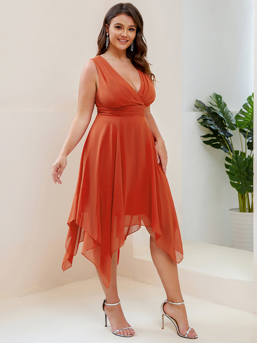 Robe mariage invitée en Mousseline à Ourlet Asymétrique Longueur Genou de Grande Taille #Couleur_Burnt Orange