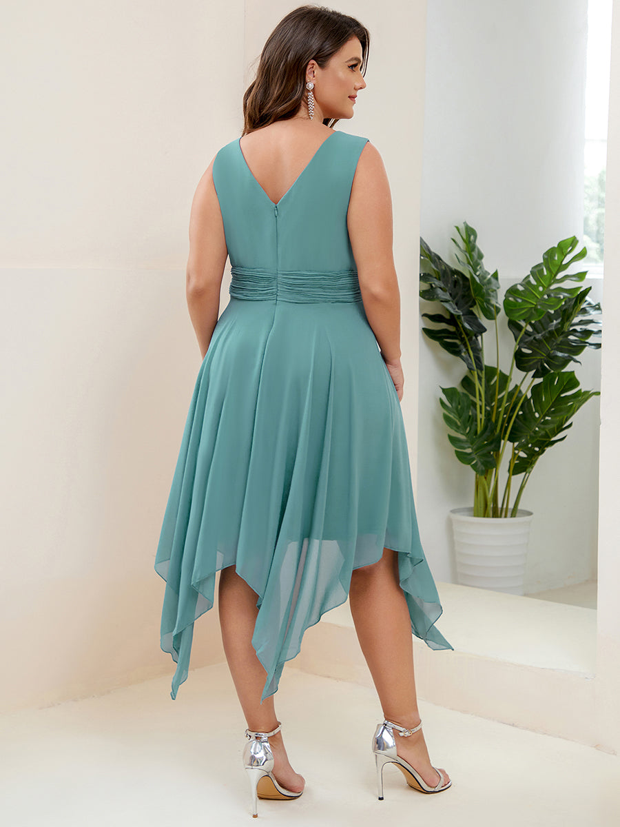 Robe mariage invitée en Mousseline à Ourlet Asymétrique Longueur Genou de Grande Taille #Couleur_Bleu Fume