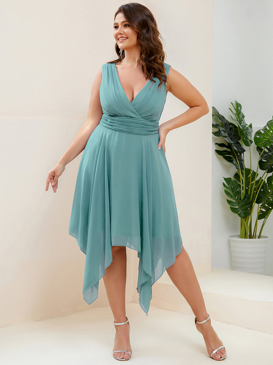 Robe mariage invitée en Mousseline à Ourlet Asymétrique Longueur Genou de Grande Taille #Couleur_Bleu Fume