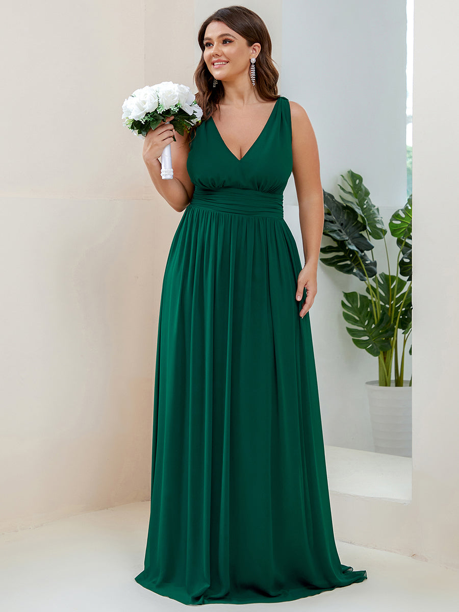 Col V sans manches plissé chiffon robe de soirée #Couleur_Vert Fonce