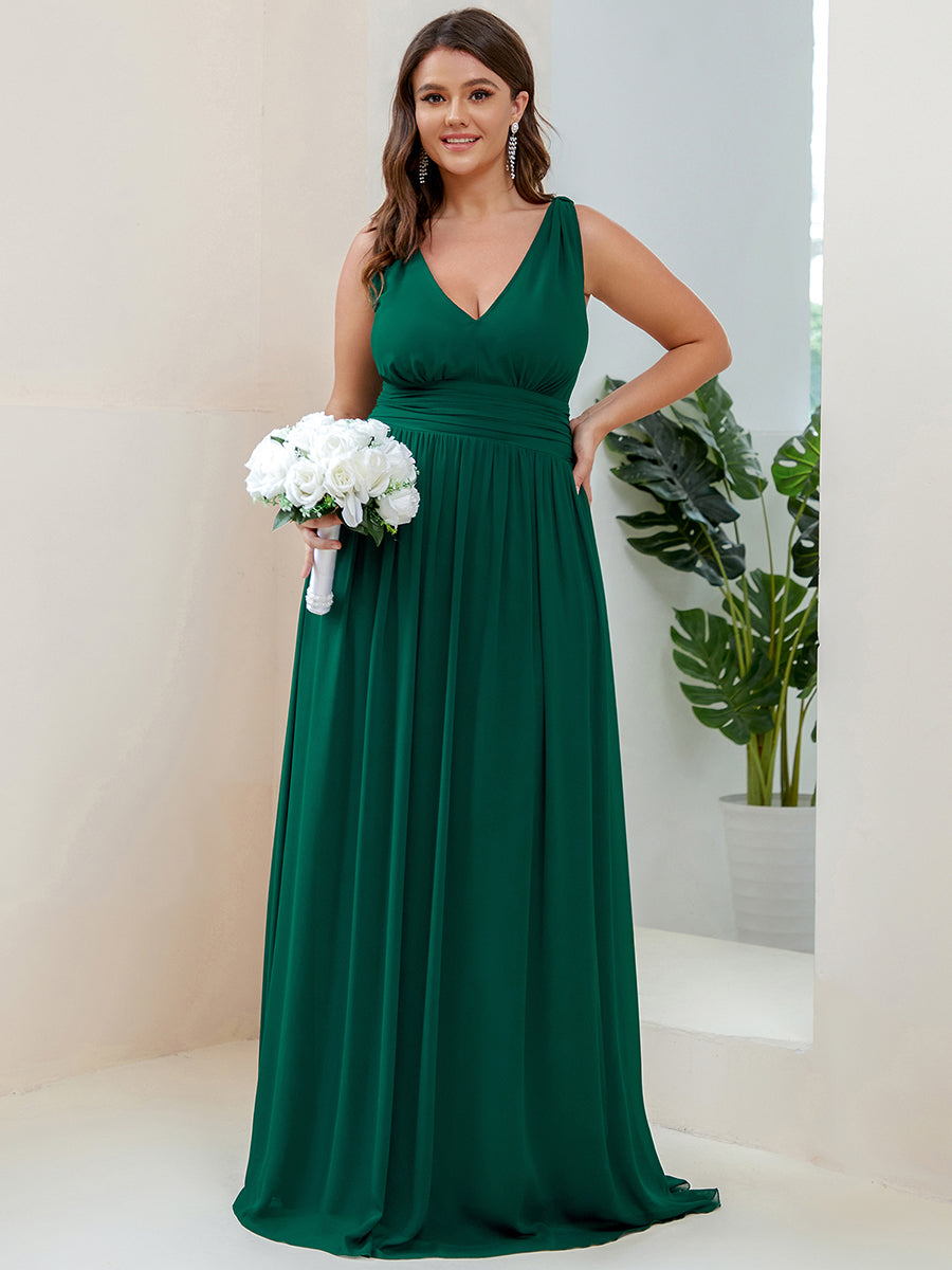 Col V sans manches plissé chiffon robe de soirée #Couleur_Vert Fonce