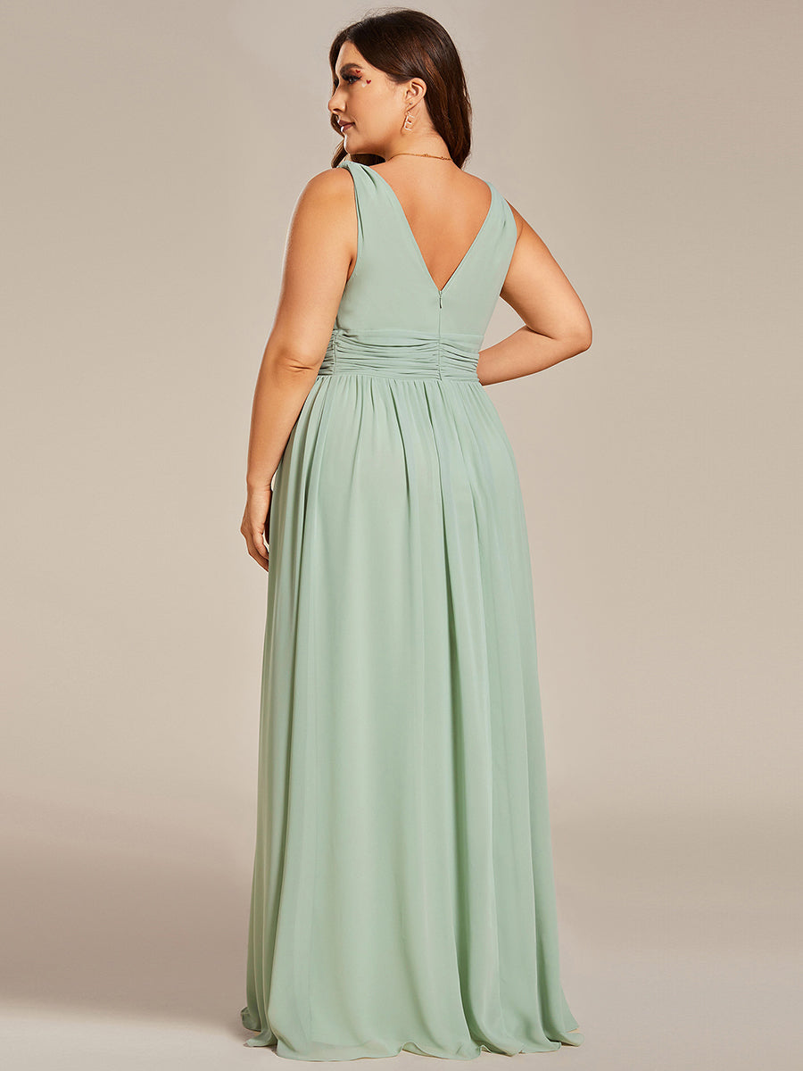 Col V sans manches plissé chiffon robe de soirée #Couleur_Menthe Verte