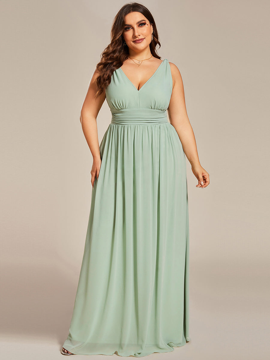 Col V sans manches plissé chiffon robe de soirée #Couleur_Menthe Verte