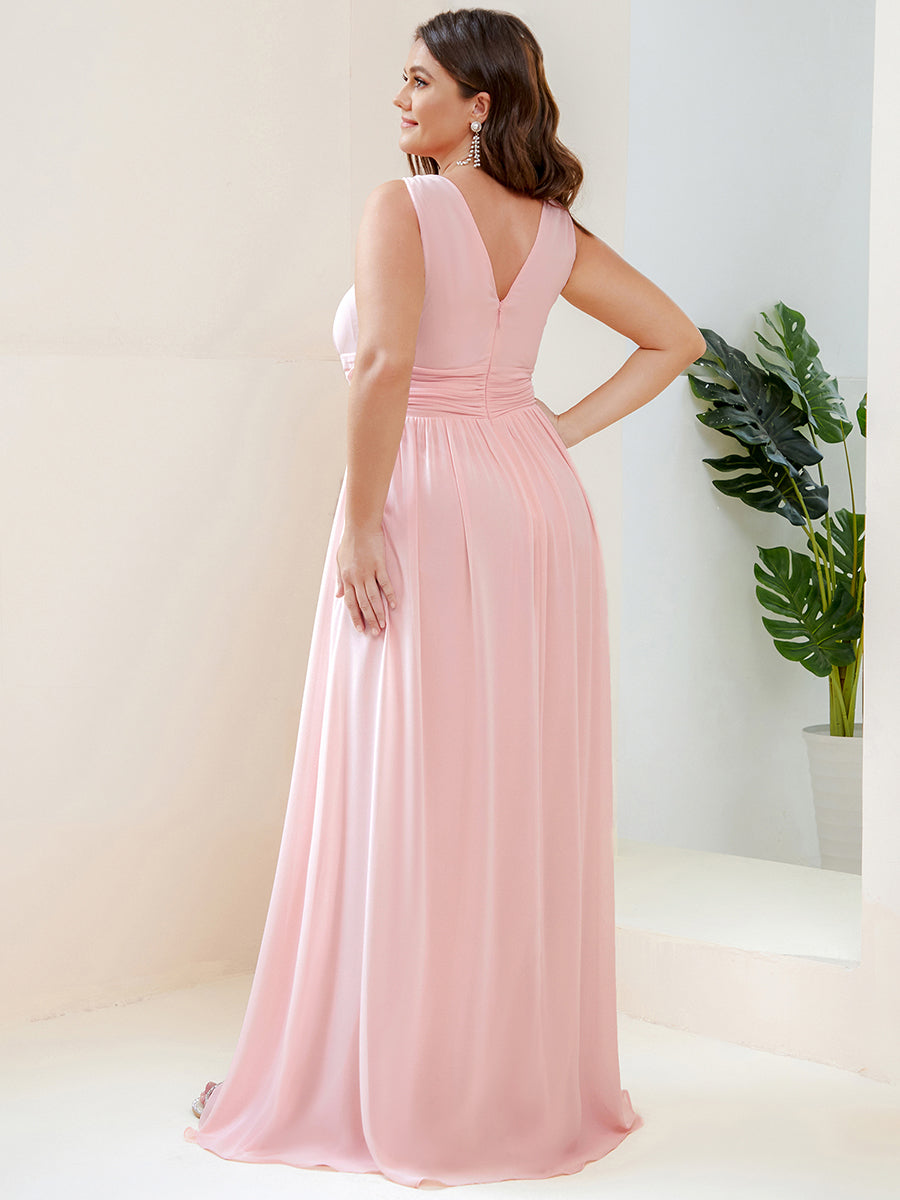 Col V sans manches plissé chiffon robe de soirée #Couleur_Rose