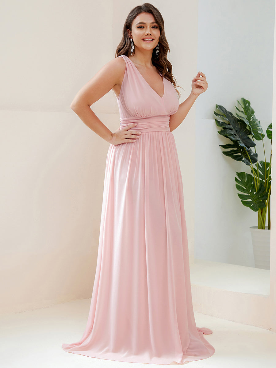 Col V sans manches plissé chiffon robe de soirée #Couleur_Rose