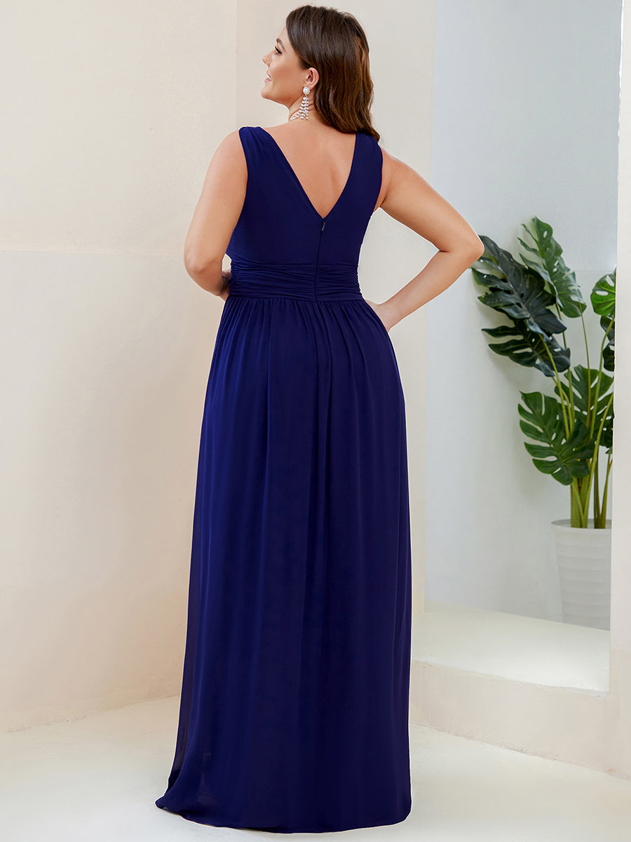 Col V sans manches plissé chiffon robe de soirée #Couleur_Bleu Royal