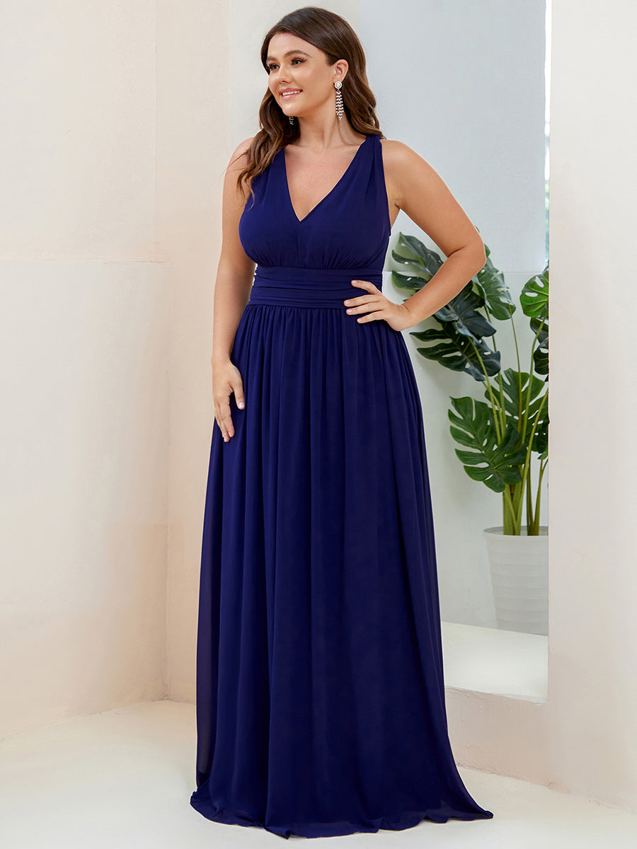 Col V sans manches plissé chiffon robe de soirée #Couleur_Bleu Royal