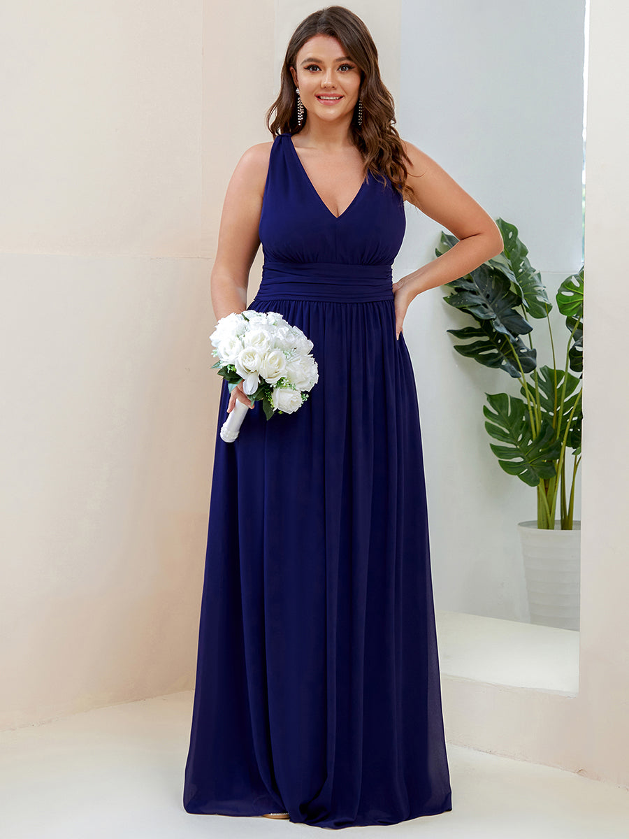 Col V sans manches plissé chiffon robe de soirée #Couleur_Bleu Royal