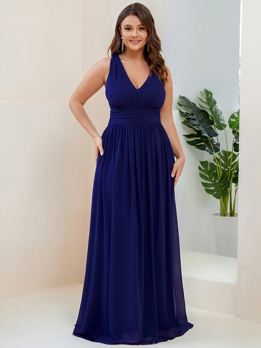 Col V sans manches plissé chiffon robe de soirée #Couleur_Bleu Royal