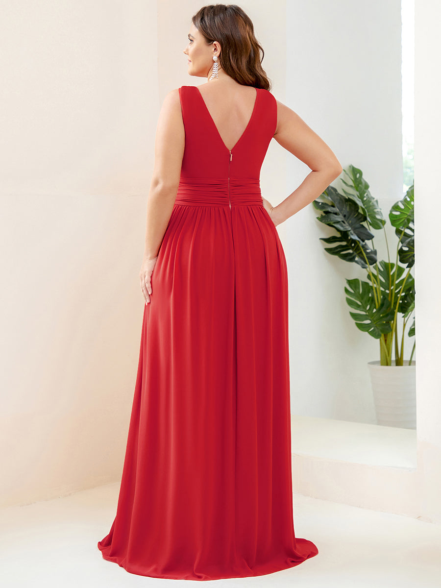 Col V sans manches plissé chiffon robe de soirée #Couleur_Rouge