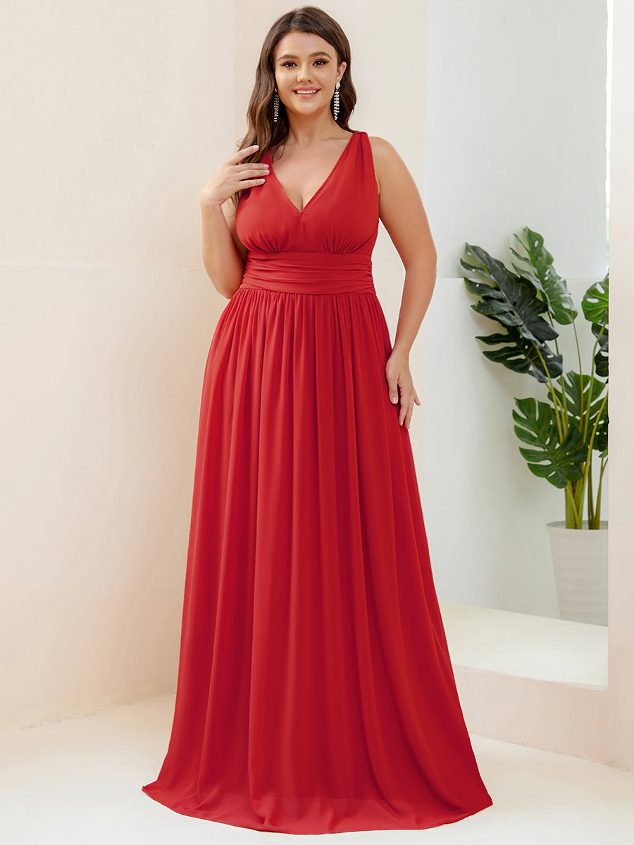 Col V sans manches plissé chiffon robe de soirée #Couleur_Rouge