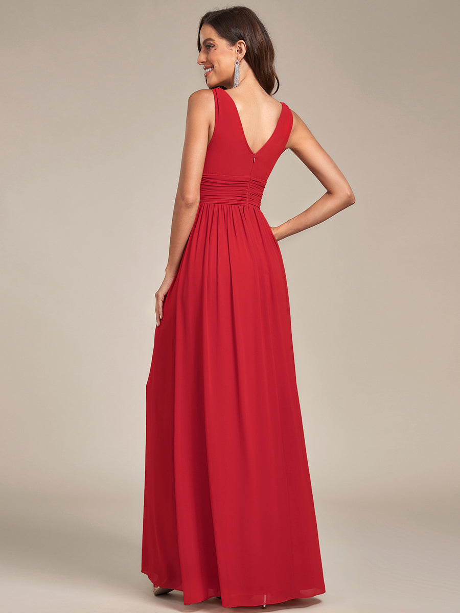 Col V sans manches plissé chiffon robe de soirée #Couleur_Rouge