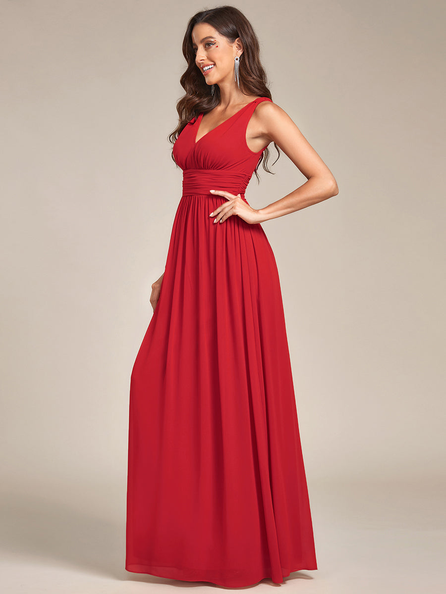 Col V sans manches plissé chiffon robe de soirée #Couleur_Rouge