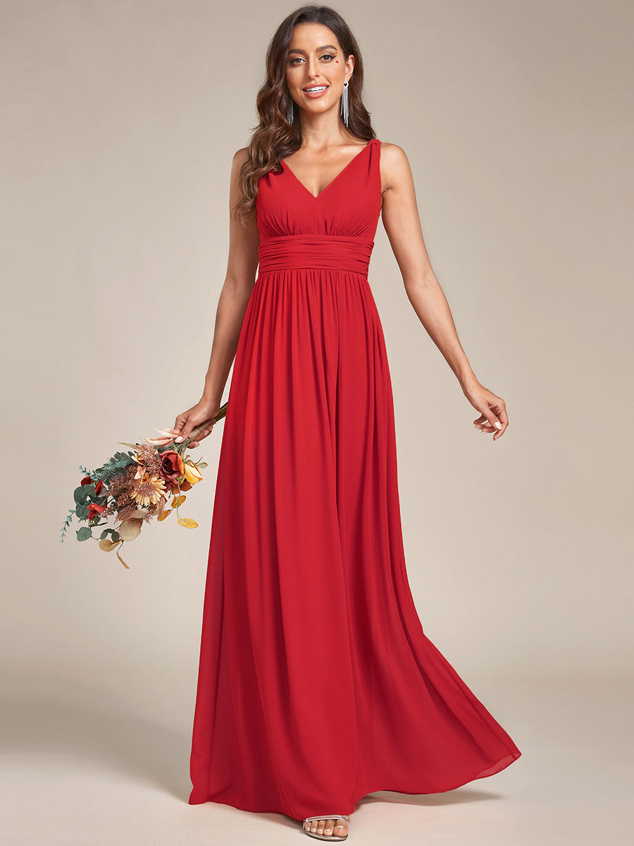 Col V sans manches plissé chiffon robe de soirée #Couleur_Rouge