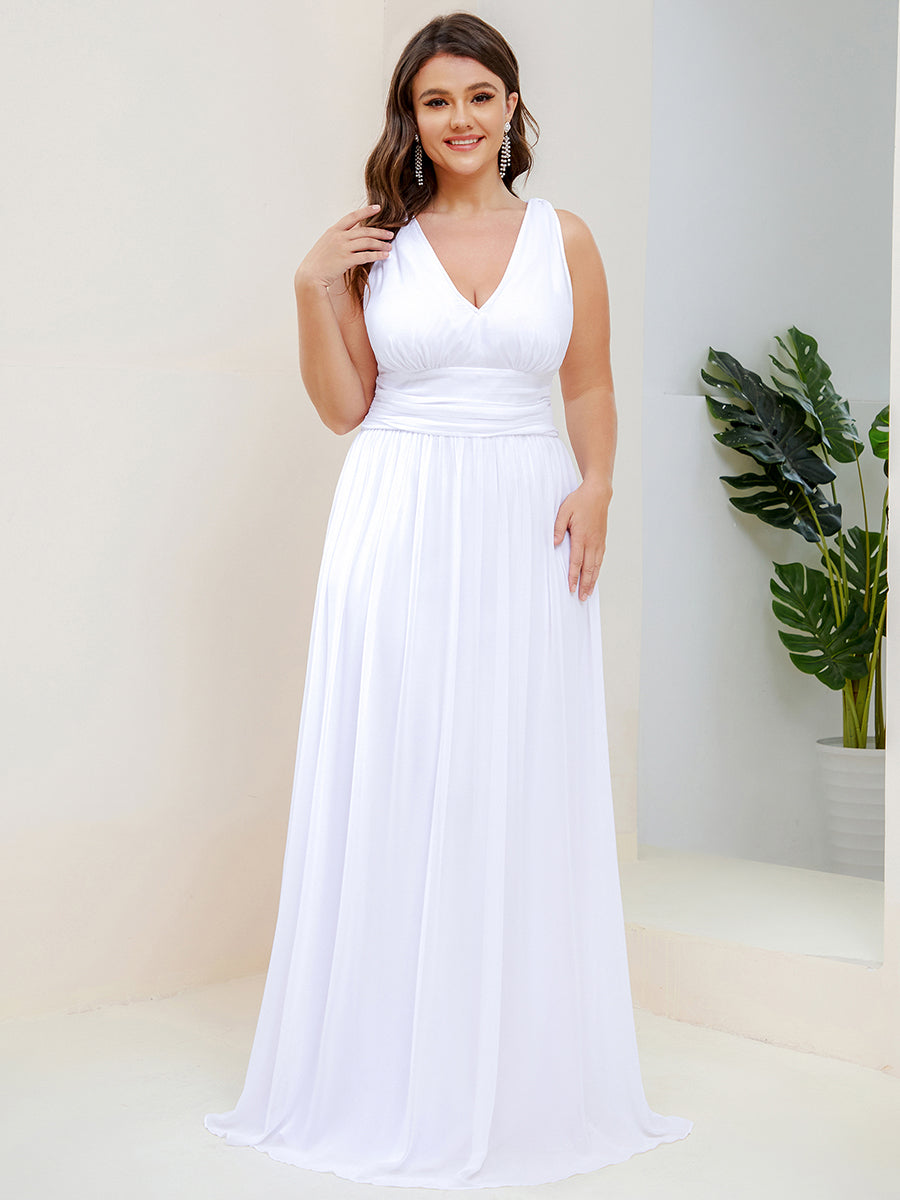 Col V sans manches plissé chiffon robe de soirée #Couleur_Blanc