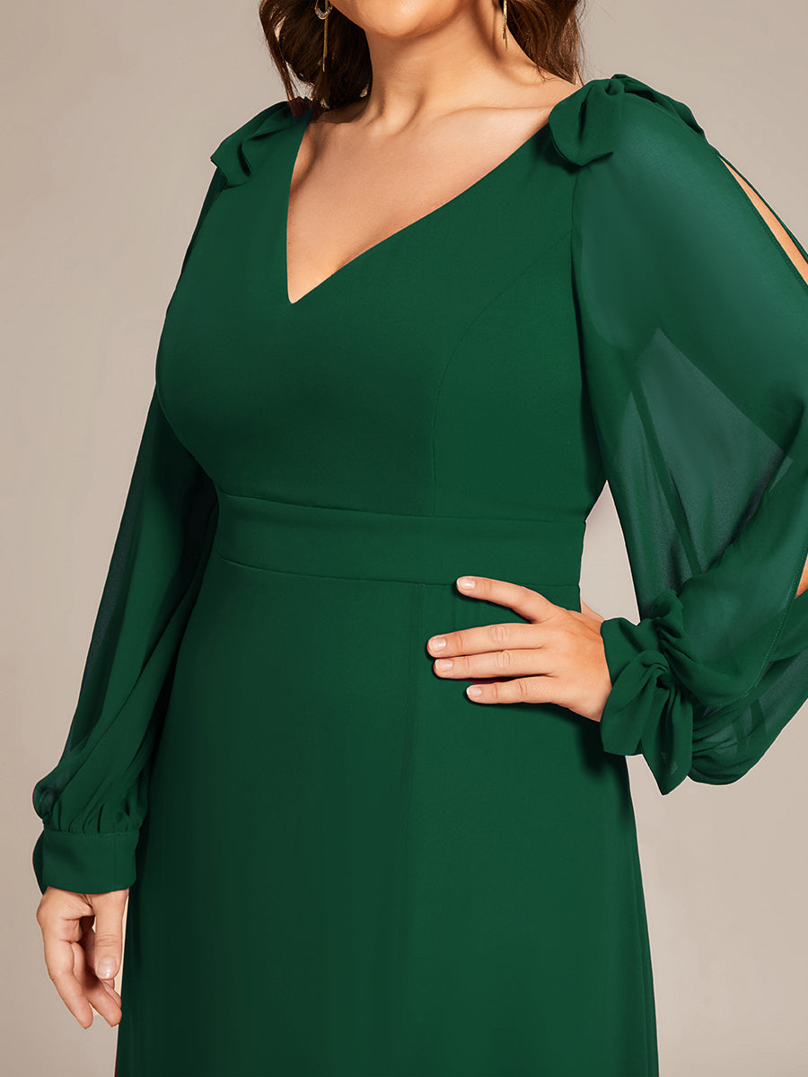 Robe de demoiselle d'honneur fendue à manches longues et col en V de grande taille #Couleur_Vert Fonce