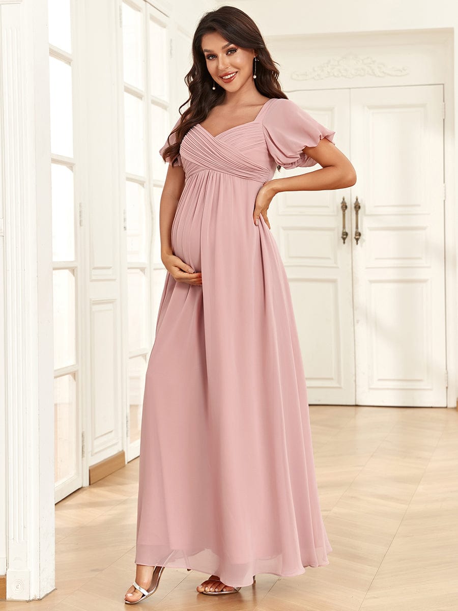 Robe de maternité plissée mousseline à col en V et dos noué #Couleur_Rose fumee