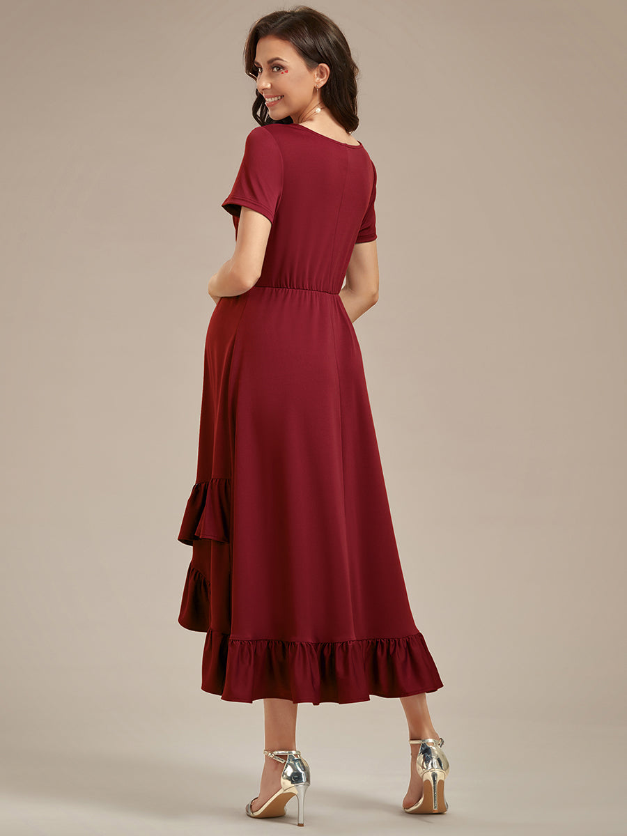 Robe de Maternité élégante Col en V Ourlet haut-bas à volants #Couleur_Bordeaux