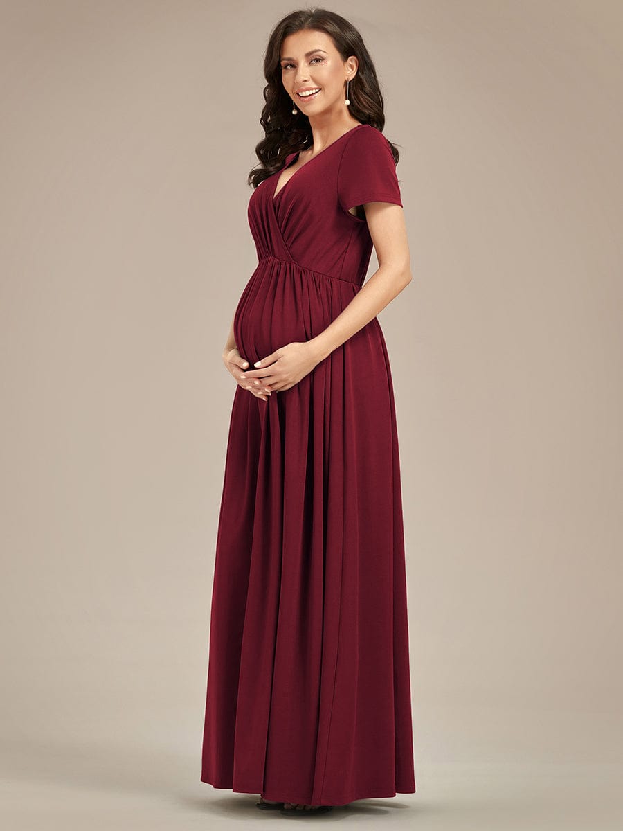 Robe de Maternité Manches courtes Col en V de style A-ligne #Couleur_Bordeaux