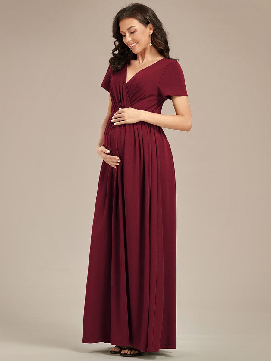 Robe de Maternité Manches courtes Col en V de style A-ligne #Couleur_Bordeaux